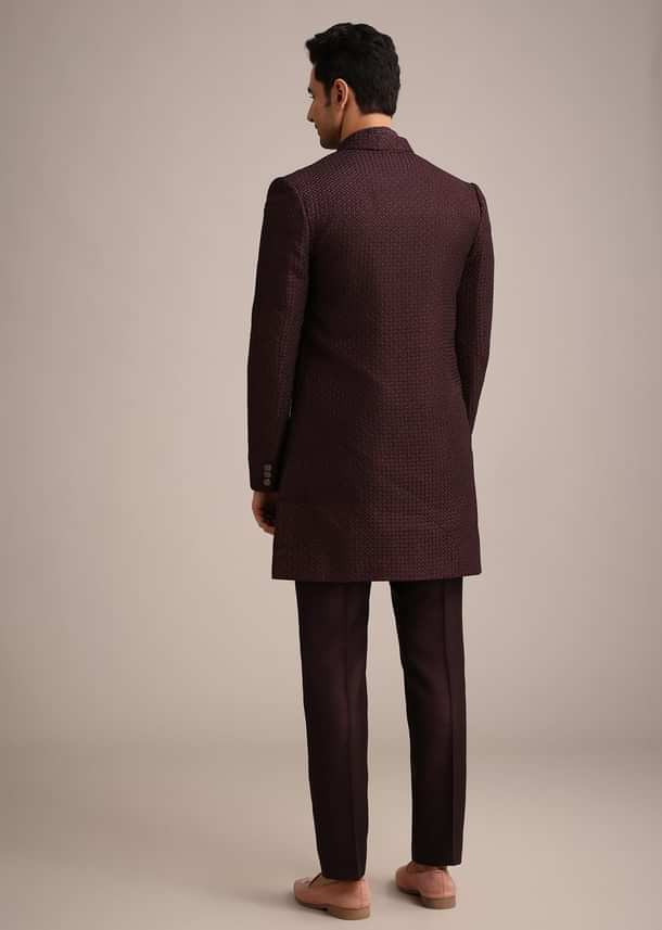 Wine Silk Indo Western And Kurta Set With Salli Work Wine Silk Indo Western And Kurta Set With Salli Work