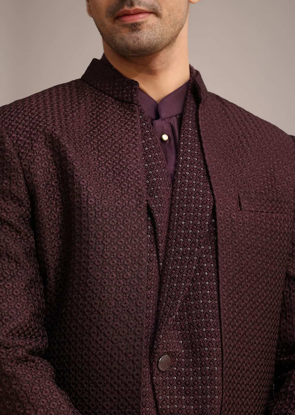 Wine Silk Indo Western And Kurta Set With Salli Work