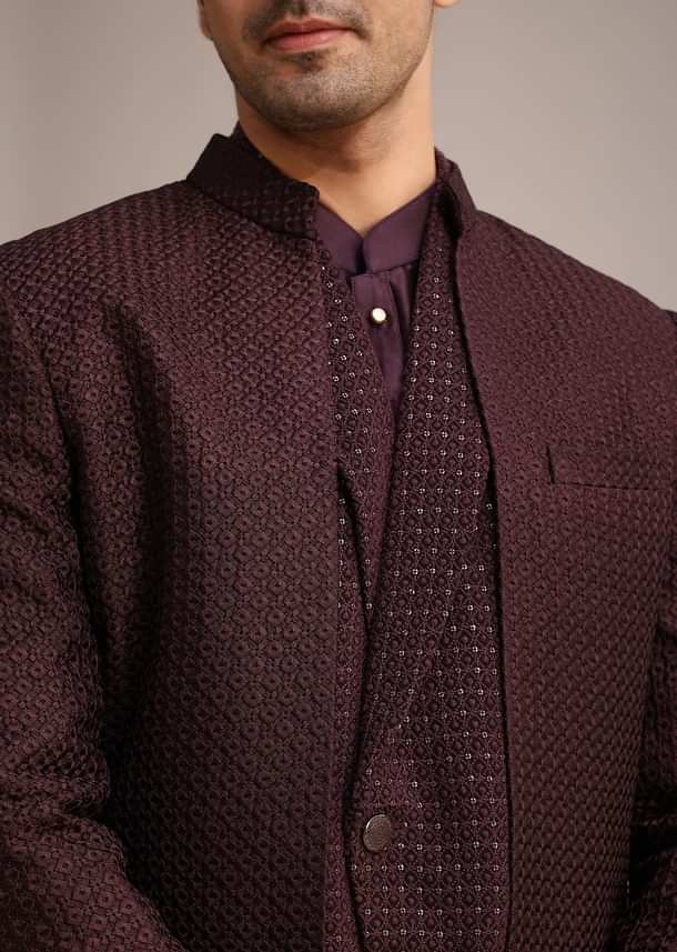 Wine Silk Indo Western And Kurta Set With Salli Work Wine Silk Indo Western And Kurta Set With Salli Work
