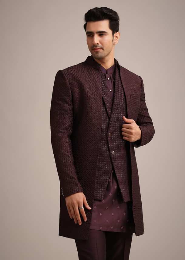 Wine Silk Indo Western And Kurta Set With Salli Work Wine Silk Indo Western And Kurta Set With Salli Work