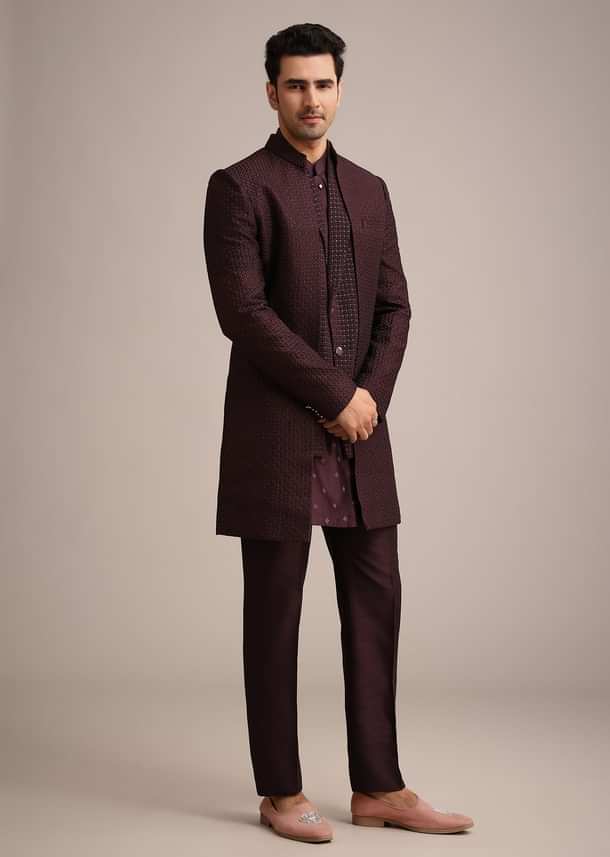 Wine Silk Indo Western And Kurta Set With Salli Work Wine Silk Indo Western And Kurta Set With Salli Work