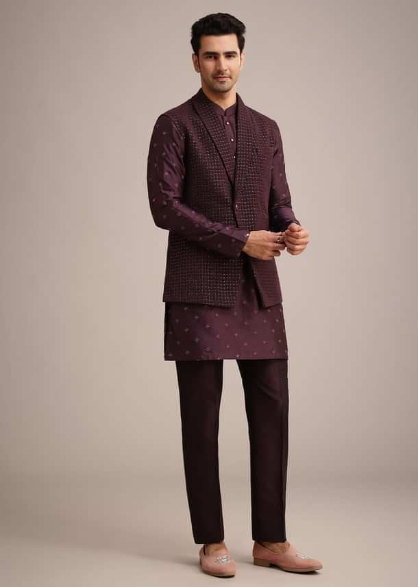 Wine Silk Indo Western And Kurta Set With Salli Work Wine Silk Indo Western And Kurta Set With Salli Work