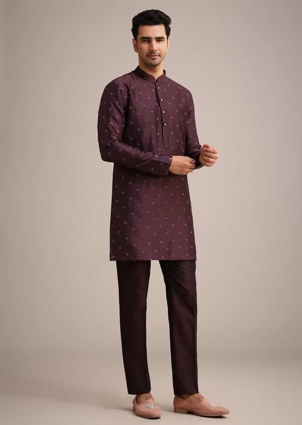 Wine Silk Indo Western And Kurta Set With Salli Work Wine Silk Indo Western And Kurta Set With Salli Work