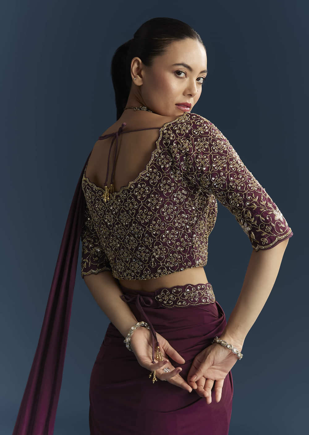 Wine Silk Ready Pleated Saree With Cutdana Work