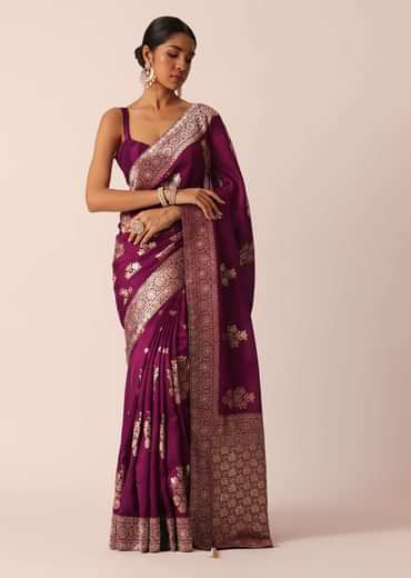 Wine Silk Saree with Butta Detail And Unstitched Blouse Piece