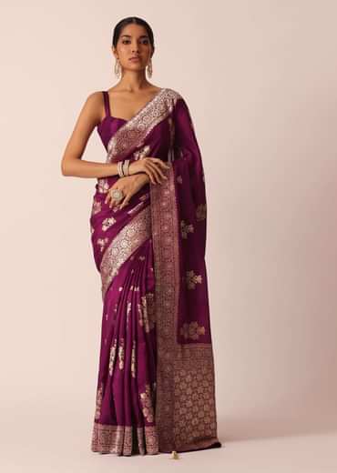 Wine Silk Saree with Butta Detail And Unstitched Blouse Piece