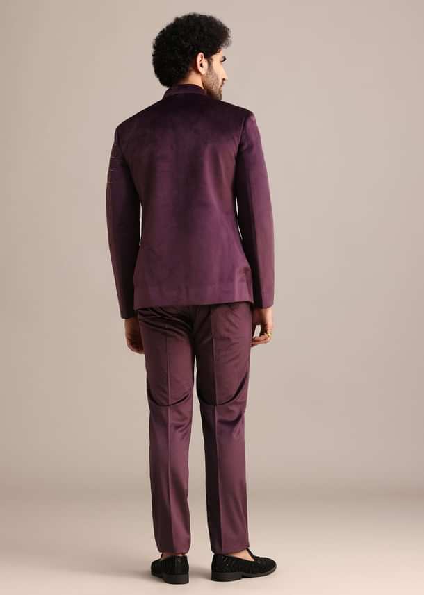 Wine Suede Jodhpuri Set With Patch Work Wine Suede Jodhpuri Set With Patch Work