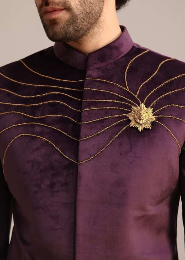 Wine Suede Jodhpuri Set With Patch Work Wine Suede Jodhpuri Set With Patch Work