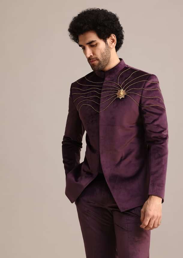 Wine Suede Jodhpuri Set With Patch Work Wine Suede Jodhpuri Set With Patch Work