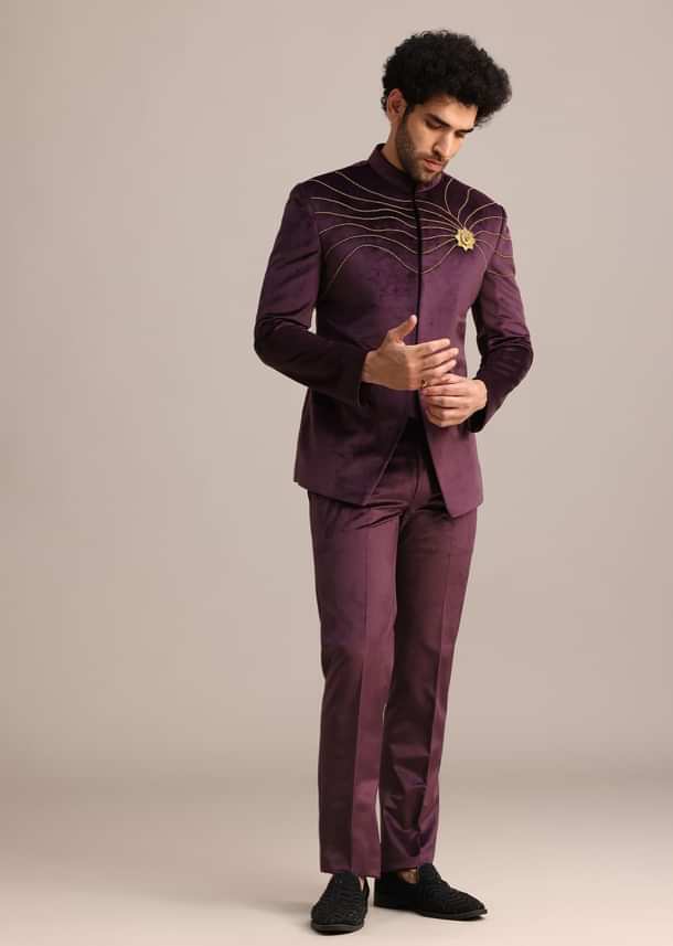 Wine Suede Jodhpuri Set With Patch Work Wine Suede Jodhpuri Set With Patch Work
