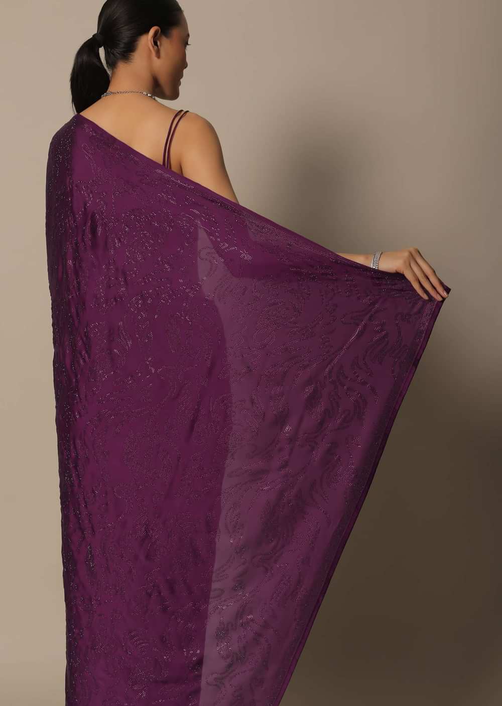 Wine Swarovski Stone Studded Saree With Unstitched Blouse
