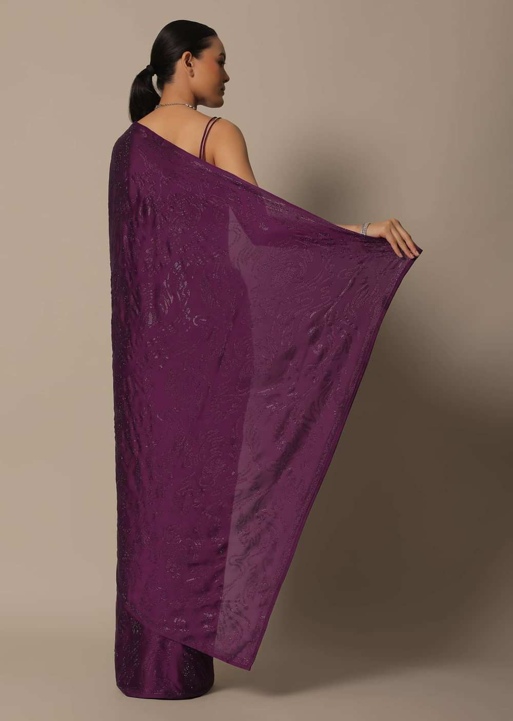 Wine Swarovski Stone Studded Saree With Unstitched Blouse