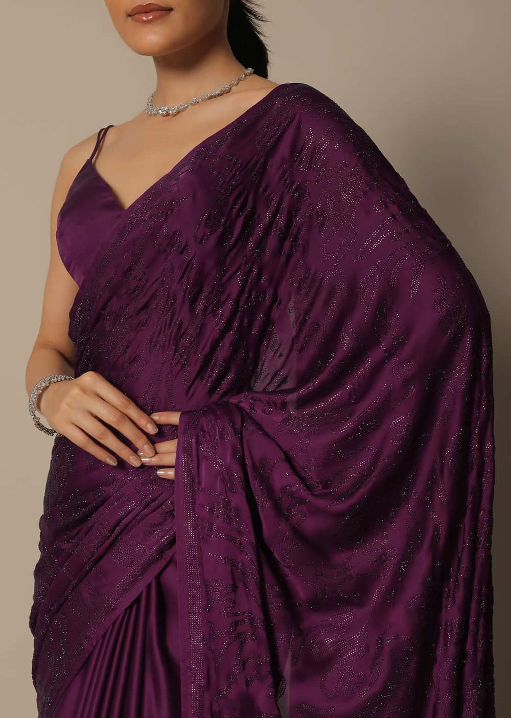 Wine Swarovski Stone Studded Saree With Unstitched Blouse
