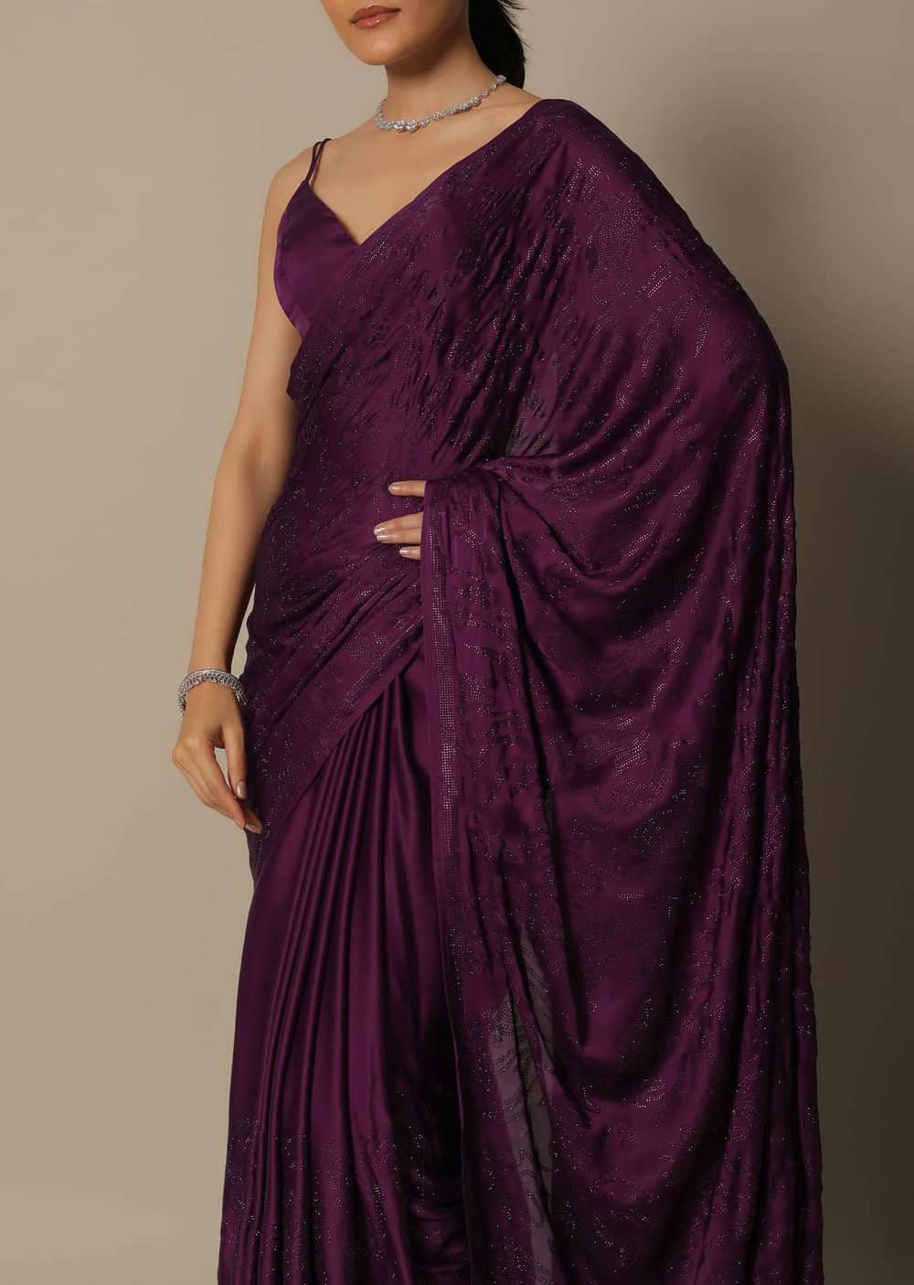 Wine Swarovski Stone Studded Saree With Unstitched Blouse