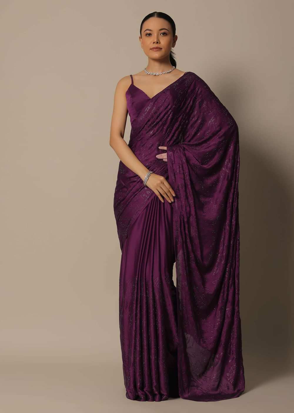 Wine Swarovski Stone Studded Saree With Unstitched Blouse