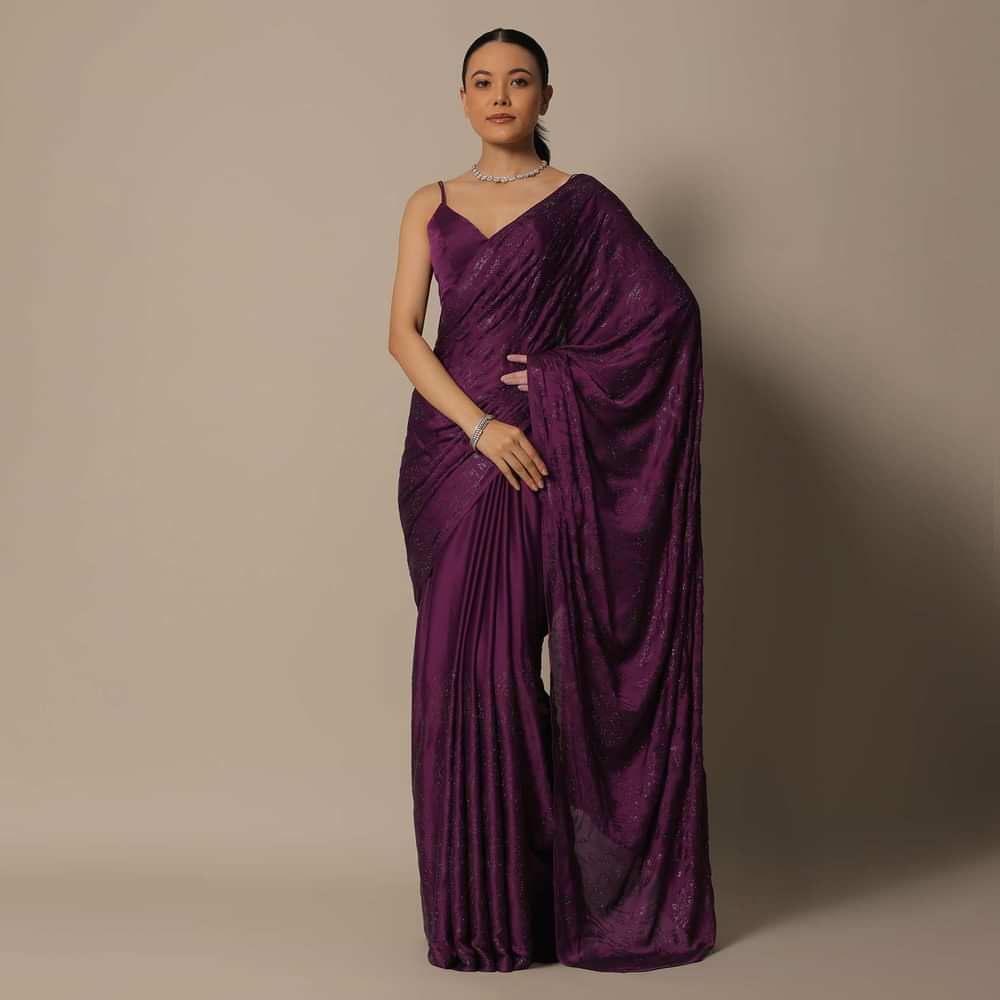 Wine Swarovski Stone Studded Saree With Unstitched Blouse