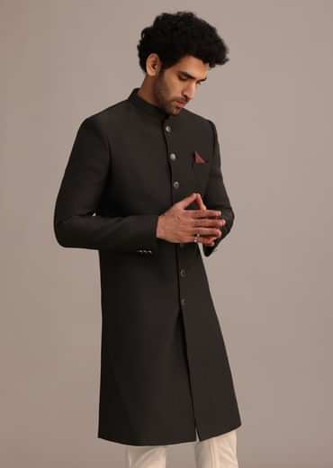 Black Textured Sherwani Set With Mandarin Collar