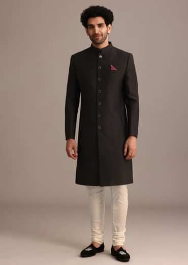 Black Textured Sherwani Set With Mandarin Collar