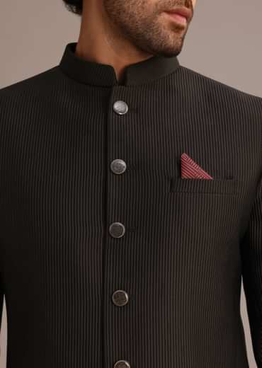 Black Textured Sherwani Set With Mandarin Collar