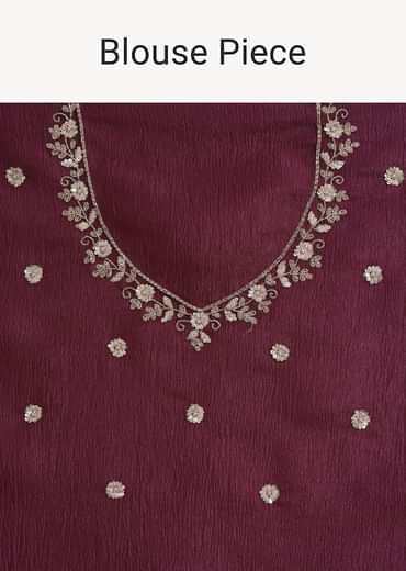 Wine Tissue Saree With Sequin And Cutdana Border And Unstitched Blouse