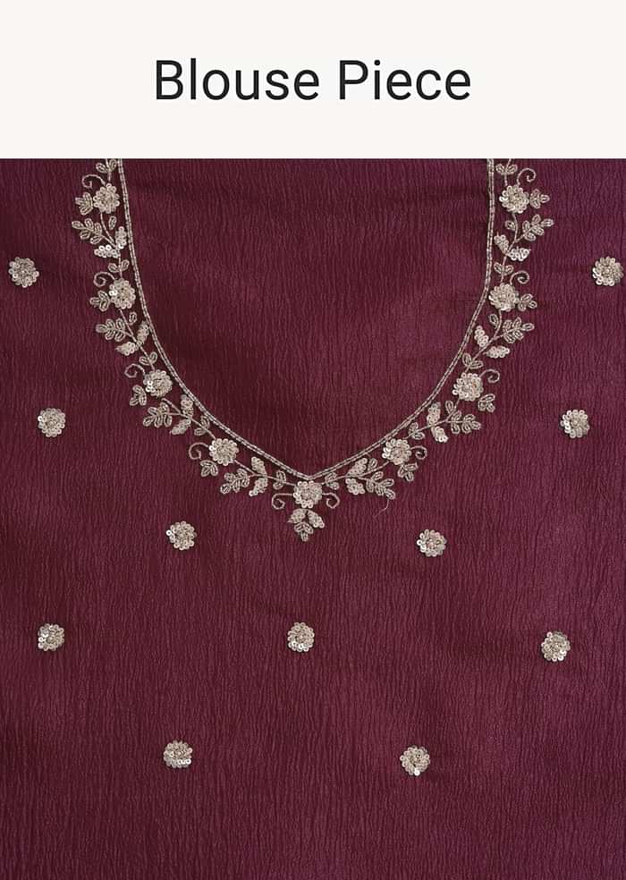 Wine Tissue Saree With Sequin And Cutdana Border And Unstitched Blouse