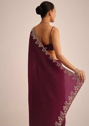 Wine Tissue Saree With Sequin And Cutdana Border And Unstitched Blouse