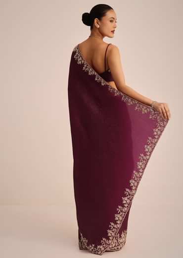Wine Tissue Saree With Sequin And Cutdana Border And Unstitched Blouse