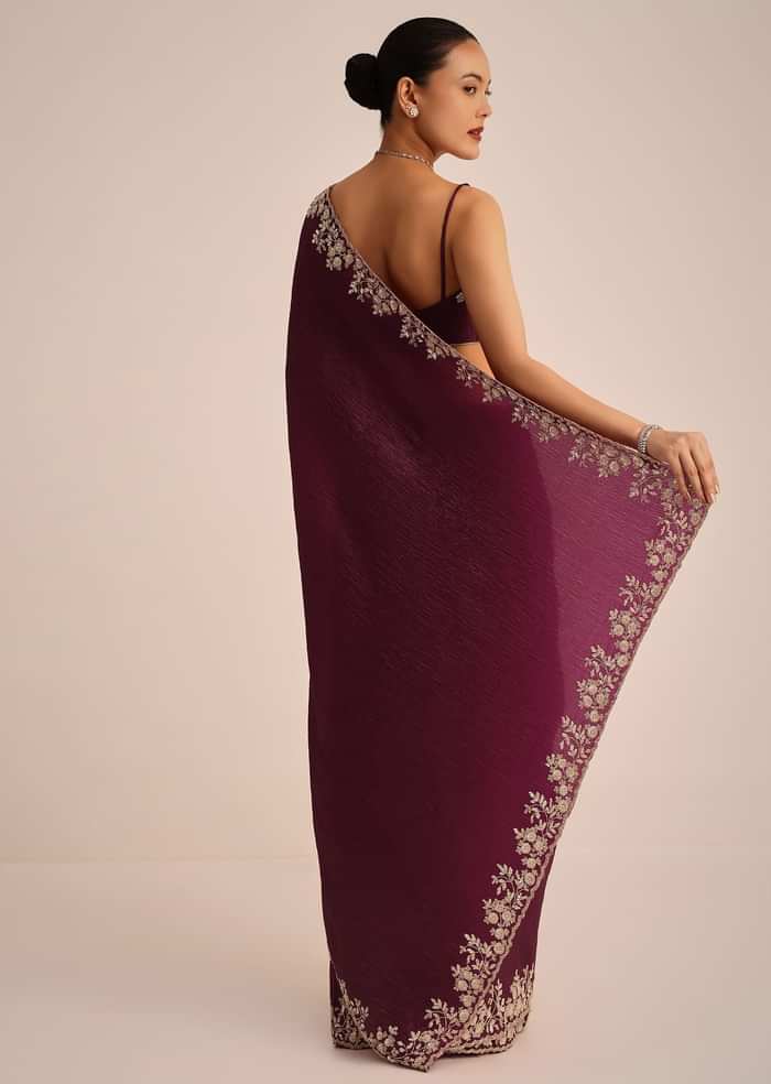 Wine Tissue Saree With Sequin And Cutdana Border And Unstitched Blouse