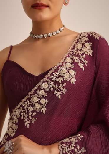 Wine Tissue Saree With Sequin And Cutdana Border And Unstitched Blouse