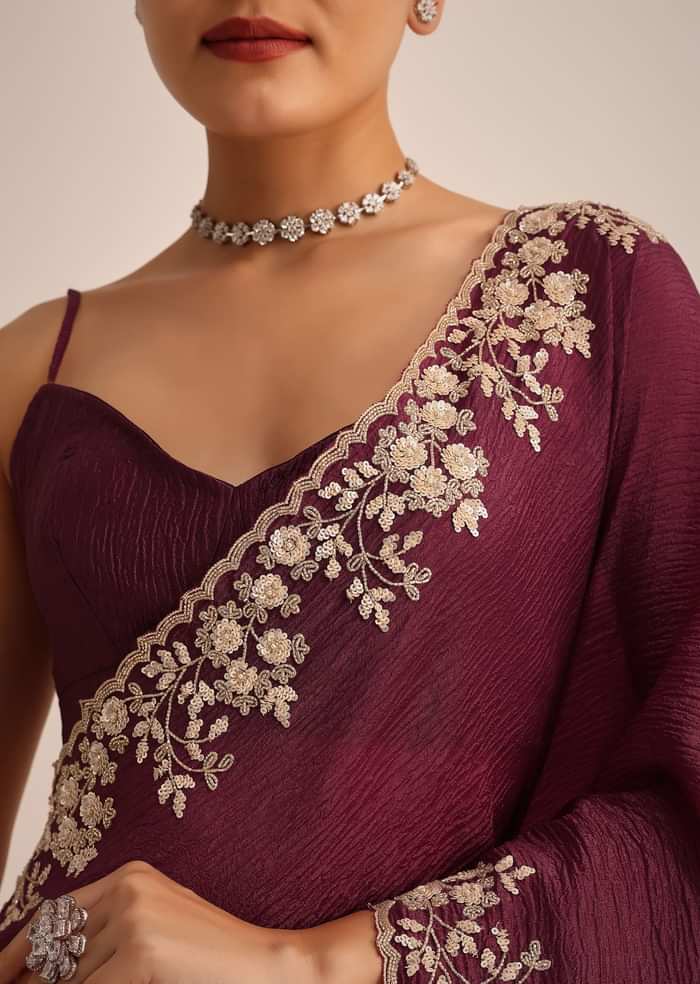 Wine Tissue Saree With Sequin And Cutdana Border And Unstitched Blouse