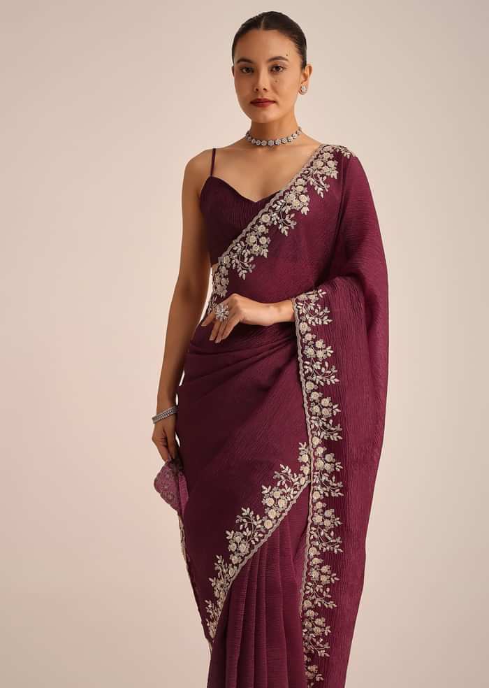 Wine Tissue Saree With Sequin And Cutdana Border And Unstitched Blouse