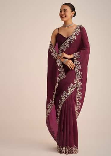 Wine Tissue Saree With Sequin And Cutdana Border And Unstitched Blouse