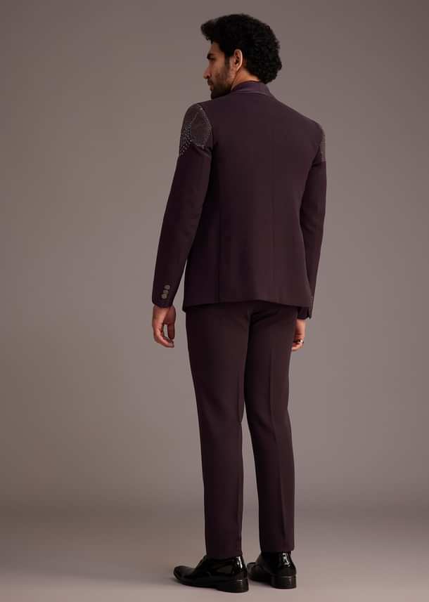 Wine Tuxedo With Beaded Detailing And Satin Peak Lapel Wine Tuxedo With Beaded Detailing And Satin Peak Lapel