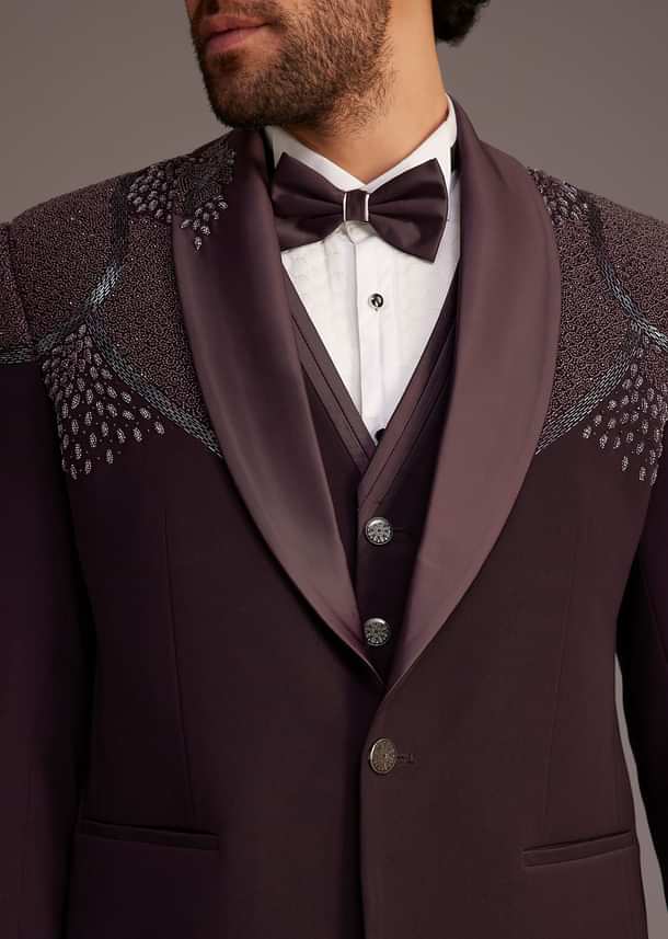 Wine Tuxedo With Beaded Detailing And Satin Peak Lapel Wine Tuxedo With Beaded Detailing And Satin Peak Lapel