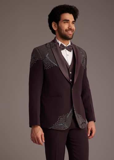 Wine Tuxedo With Beaded Detailing And Satin Peak Lapel