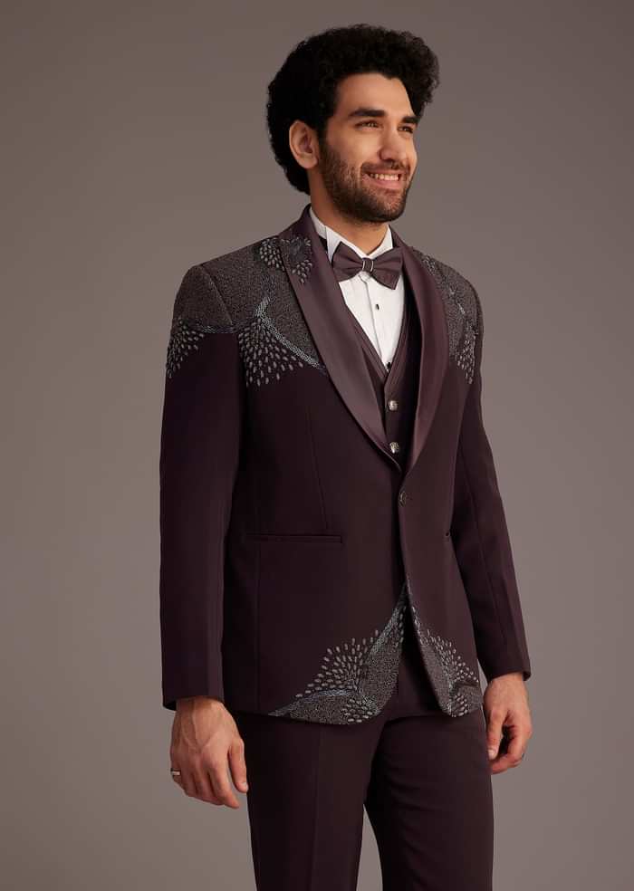 Wine Tuxedo With Beaded Detailing And Satin Peak Lapel