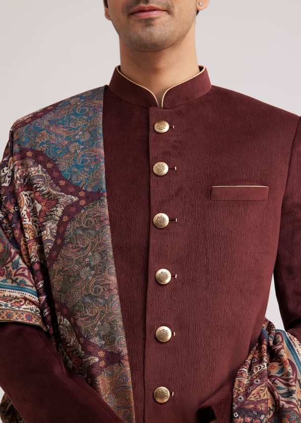 Wine Velvet Nawabi Set With Printed Pashmina Dupatta Wine Velvet Nawabi Set With Printed Pashmina Dupatta