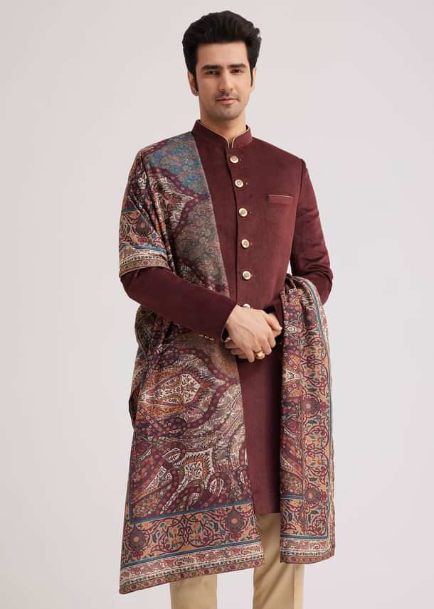 Wine Velvet Nawabi Set With Printed Pashmina Dupatta Wine Velvet Nawabi Set With Printed Pashmina Dupatta