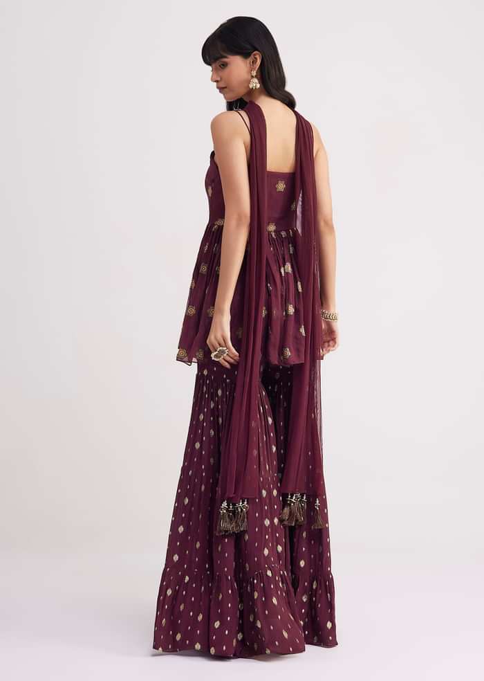 Wine Zari Threadwork Kurta Sharara With Dupatta