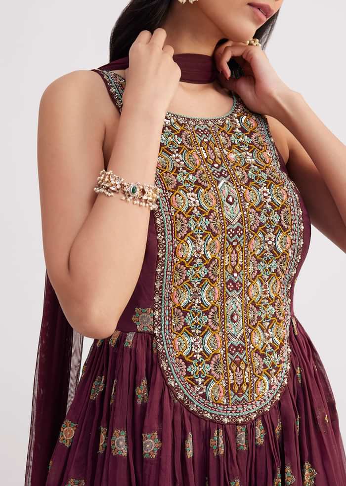 Wine Zari Threadwork Kurta Sharara With Dupatta