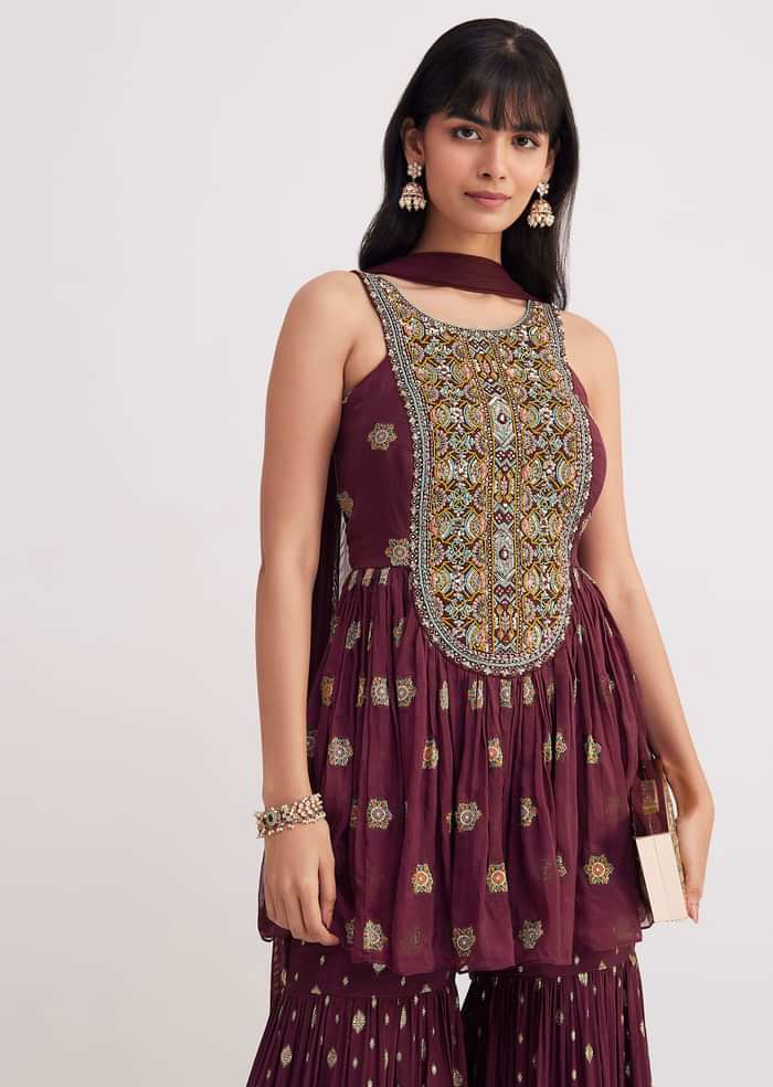 Wine Zari Threadwork Kurta Sharara With Dupatta