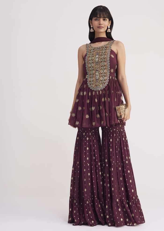 Wine Zari Threadwork Kurta Sharara With Dupatta