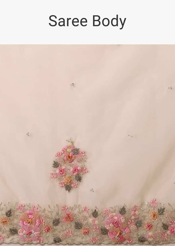 Beige White Saree In Organza Fabric And Floral Embroidery With Cut Dana & Moti