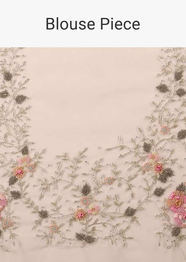 Beige White Saree In Organza Fabric And Floral Embroidery With Cut Dana & Moti