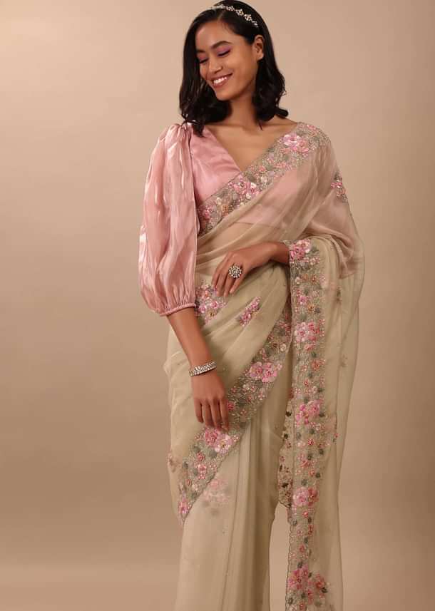 Beige White Saree In Organza Fabric And Floral Embroidery With Cut Dana & Moti