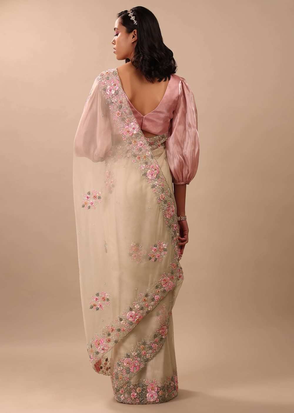 Beige White Saree In Organza Fabric And Floral Embroidery With Cut Dana & Moti