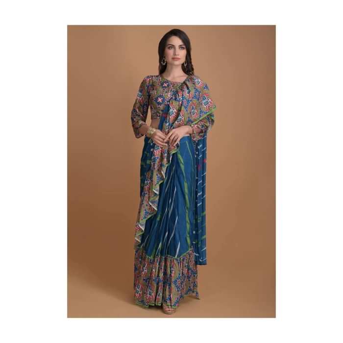 Yale Blue Ready Pleated Ruffle Saree With Printed Stripes And Patola Printed Blouse Online - Kalki Fashion