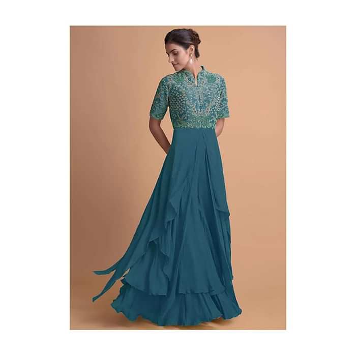 Yale Blue Jumpsuit With Georgette Layers On The Bottom And A Raw Silk Bodice Online - Kalki Fashion