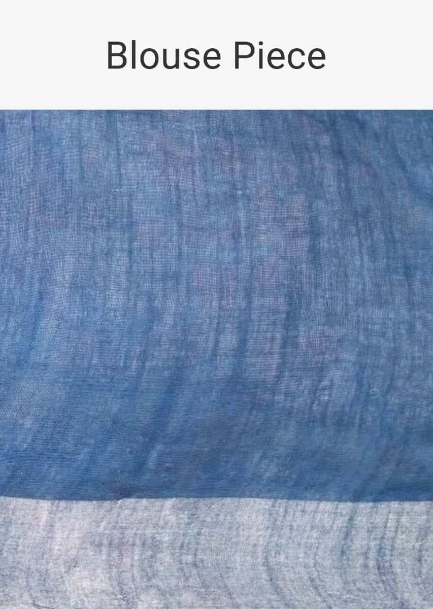Yale Blue Saree In Linen With Batik Printed Floral Jaal And Zari Weaved Border Online - Kalki Fashion