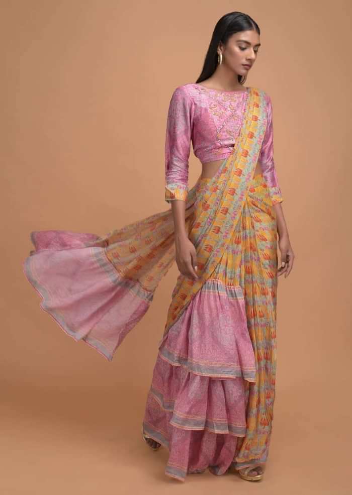 Yellow And Pink Ready Pleated Ruffle Saree In Crepe Enhanced With Floral And Paisley Print Online - Kalki Fashion